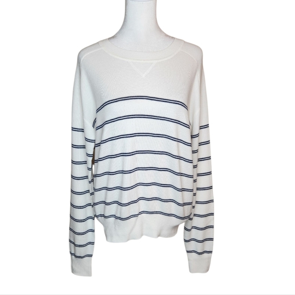 NEW Evereve Berit Double Stripe Pullover Sweater White Navy Size Small